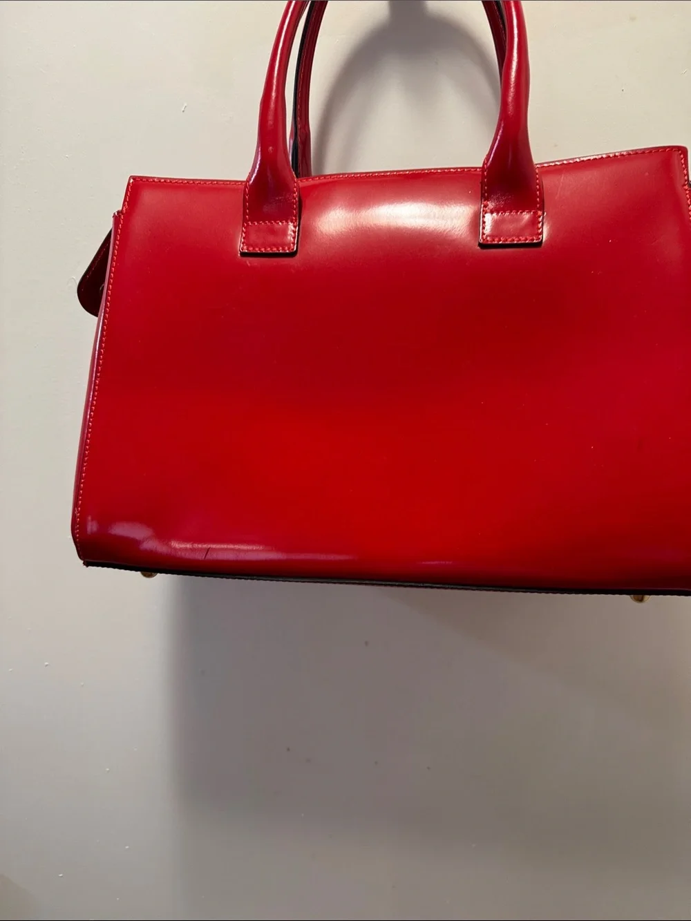 Red Structured Top-Handle Satchel with Gold Accents(13)
